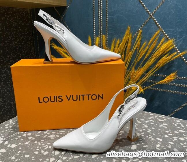 Best Product Louis Vuitton Sparkle Leather Slingback Sandals with Chain 9.5cm White 020906