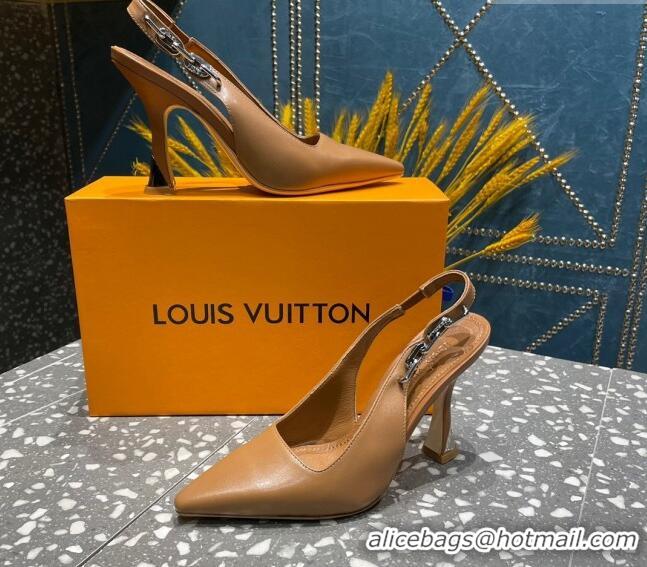 Cheap Louis Vuitton Sparkle Leather Slingback Sandals with Chain 9.5cm Brown 020907