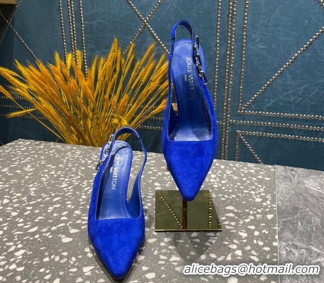 Pretty Style Louis Vuitton Sparkle Suede Slingback Sandals with Chain 9.5cm Blue 020902