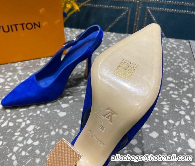 Pretty Style Louis Vuitton Sparkle Suede Slingback Sandals with Chain 9.5cm Blue 020902