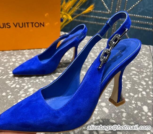 Pretty Style Louis Vuitton Sparkle Suede Slingback Sandals with Chain 9.5cm Blue 020902