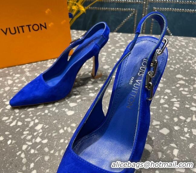 Pretty Style Louis Vuitton Sparkle Suede Slingback Sandals with Chain 9.5cm Blue 020902