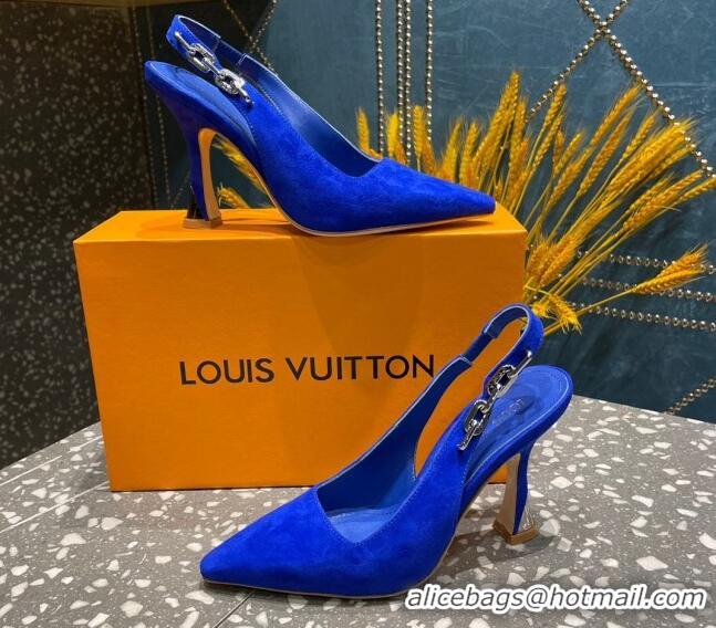 Pretty Style Louis Vuitton Sparkle Suede Slingback Sandals with Chain 9.5cm Blue 020902