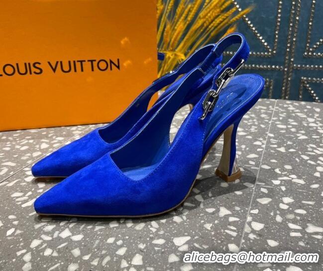 Pretty Style Louis Vuitton Sparkle Suede Slingback Sandals with Chain 9.5cm Blue 020902