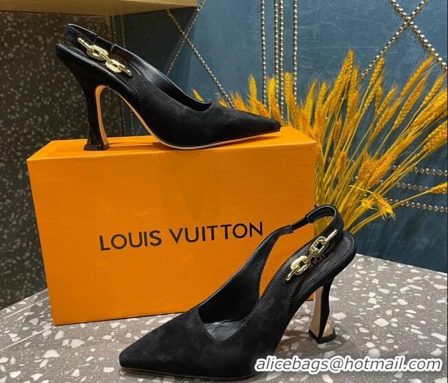 Sumptuous Louis Vuitton Sparkle Suede Slingback Sandals with Chain 9.5cm Black 020909