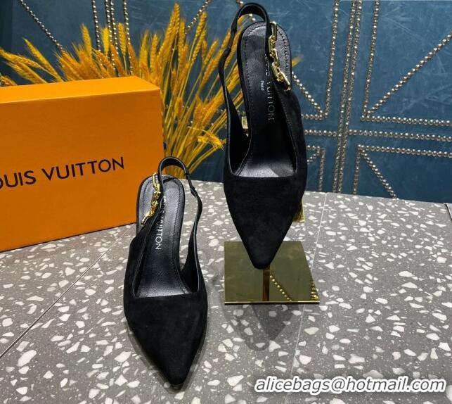 Sumptuous Louis Vuitton Sparkle Suede Slingback Sandals with Chain 9.5cm Black 020909