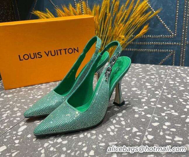 Classic Hot Louis Vuitton Sparkle Crystal Slingback Sandals with Chain 9.5cm Green 3020911