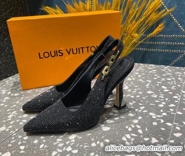 Grade Quality Louis Vuitton Sparkle Crystal Slingback Sandals with Chain 9.5cm Black 020912