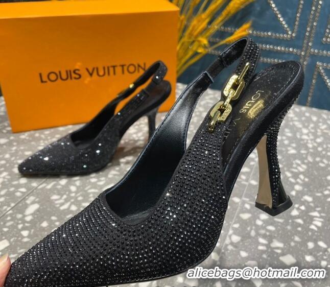 Grade Quality Louis Vuitton Sparkle Crystal Slingback Sandals with Chain 9.5cm Black 020912