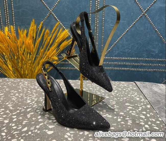 Grade Quality Louis Vuitton Sparkle Crystal Slingback Sandals with Chain 9.5cm Black 020912