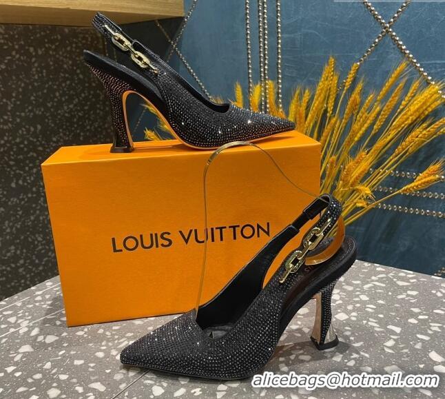 Grade Quality Louis Vuitton Sparkle Crystal Slingback Sandals with Chain 9.5cm Black 020912