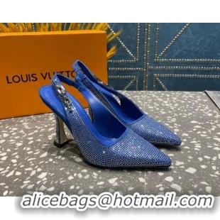 Stylish Louis Vuitton Sparkle Crystal Slingback Sandals with Chain 9.5cm Blue 020913