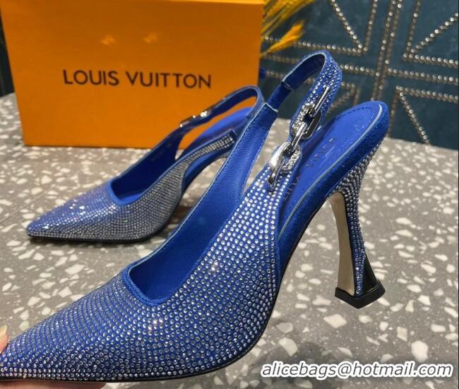 Stylish Louis Vuitton Sparkle Crystal Slingback Sandals with Chain 9.5cm Blue 020913