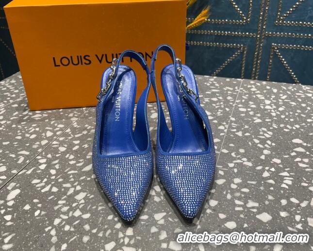 Stylish Louis Vuitton Sparkle Crystal Slingback Sandals with Chain 9.5cm Blue 020913