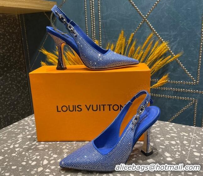 Stylish Louis Vuitton Sparkle Crystal Slingback Sandals with Chain 9.5cm Blue 020913