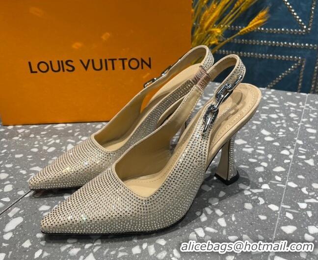 Best Product Louis Vuitton Sparkle Crystal Slingback Sandals with Chain 9.5cm Beige 020914