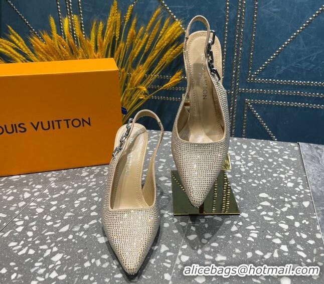 Best Product Louis Vuitton Sparkle Crystal Slingback Sandals with Chain 9.5cm Beige 020914