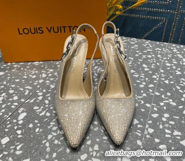 Best Product Louis Vuitton Sparkle Crystal Slingback Sandals with Chain 9.5cm Beige 020914