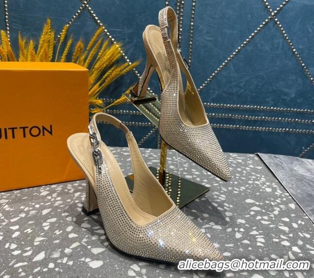 Best Product Louis Vuitton Sparkle Crystal Slingback Sandals with Chain 9.5cm Beige 020914