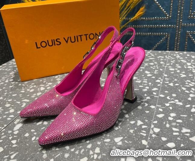 Luxury Cheap Louis Vuitton Sparkle Crystal Slingback Sandals with Chain 9.5cm Pink 020915