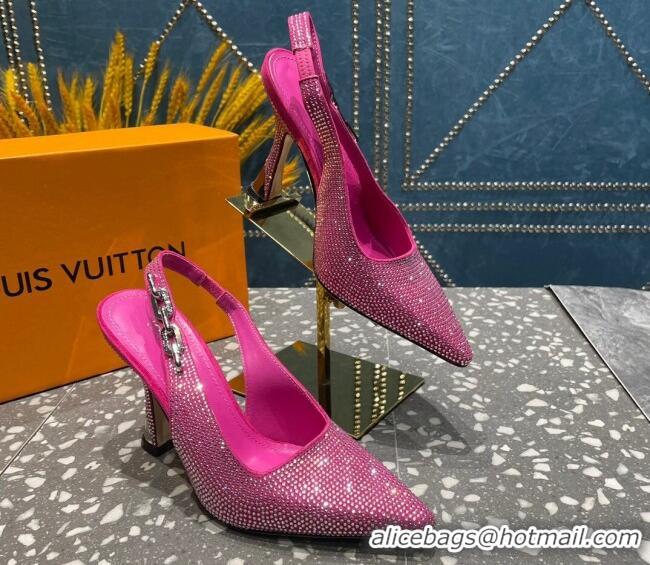 Luxury Cheap Louis Vuitton Sparkle Crystal Slingback Sandals with Chain 9.5cm Pink 020915