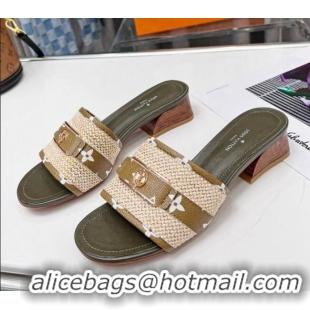 Durable Louis Vuitton Sienna Heel Slide Sandals 4cm in Raffia and Canvas Green 022448