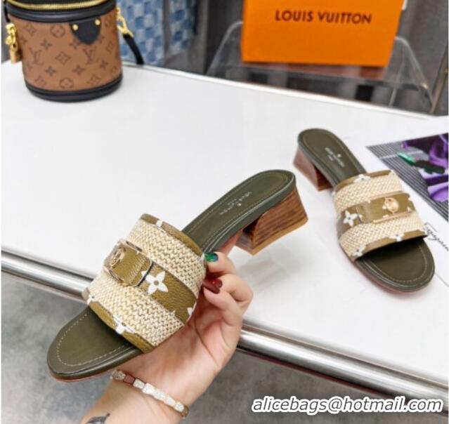 Durable Louis Vuitton Sienna Heel Slide Sandals 4cm in Raffia and Canvas Green 022448