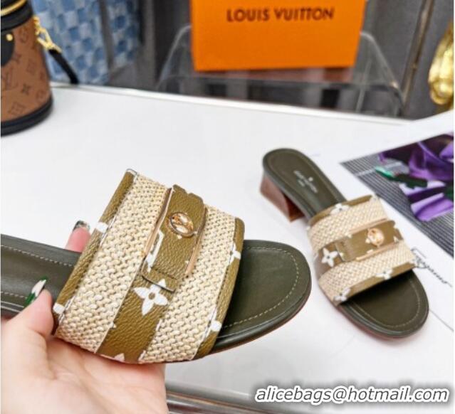 Durable Louis Vuitton Sienna Heel Slide Sandals 4cm in Raffia and Canvas Green 022448