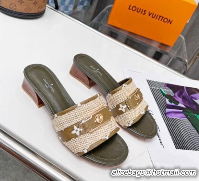 Durable Louis Vuitton Sienna Heel Slide Sandals 4cm in Raffia and Canvas Green 022448