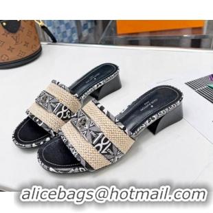 Good Looking Louis Vuitton Since 1854 Sienna Heel Slide Sandals 4cm in Raffia and Canvas Grey 022449