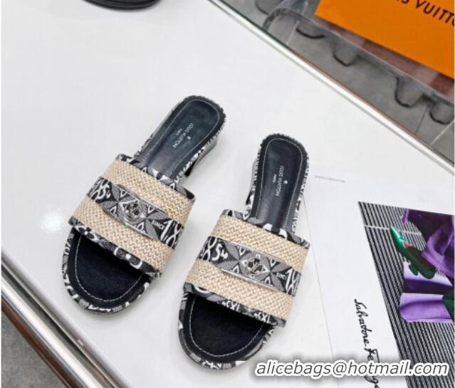 Good Looking Louis Vuitton Since 1854 Sienna Heel Slide Sandals 4cm in Raffia and Canvas Grey 022449