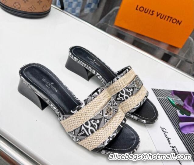 Good Looking Louis Vuitton Since 1854 Sienna Heel Slide Sandals 4cm in Raffia and Canvas Grey 022449