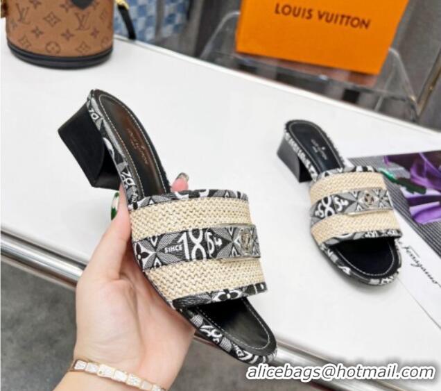 Good Looking Louis Vuitton Since 1854 Sienna Heel Slide Sandals 4cm in Raffia and Canvas Grey 022449