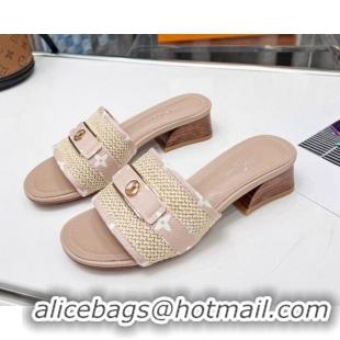 1:1 aaaaa Louis Vuitton Sienna Heel Slide Sandals 4cm in Raffia and Canvas Light Pink 022450