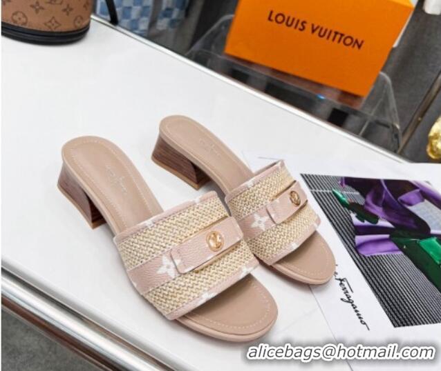 1:1 aaaaa Louis Vuitton Sienna Heel Slide Sandals 4cm in Raffia and Canvas Light Pink 022450