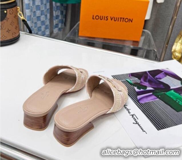 1:1 aaaaa Louis Vuitton Sienna Heel Slide Sandals 4cm in Raffia and Canvas Light Pink 022450