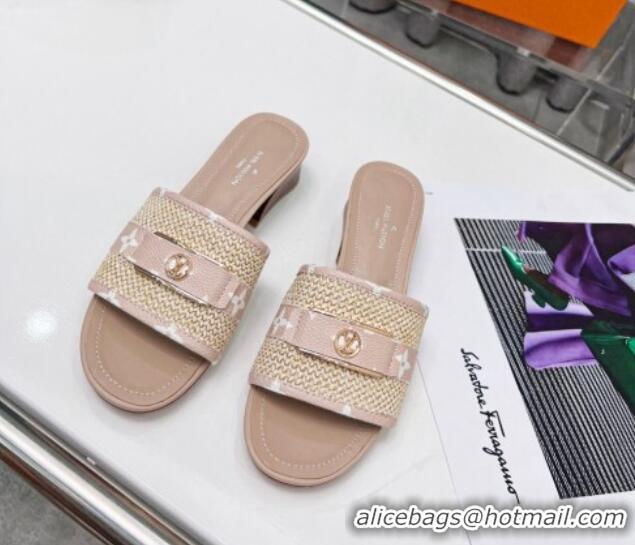 1:1 aaaaa Louis Vuitton Sienna Heel Slide Sandals 4cm in Raffia and Canvas Light Pink 022450