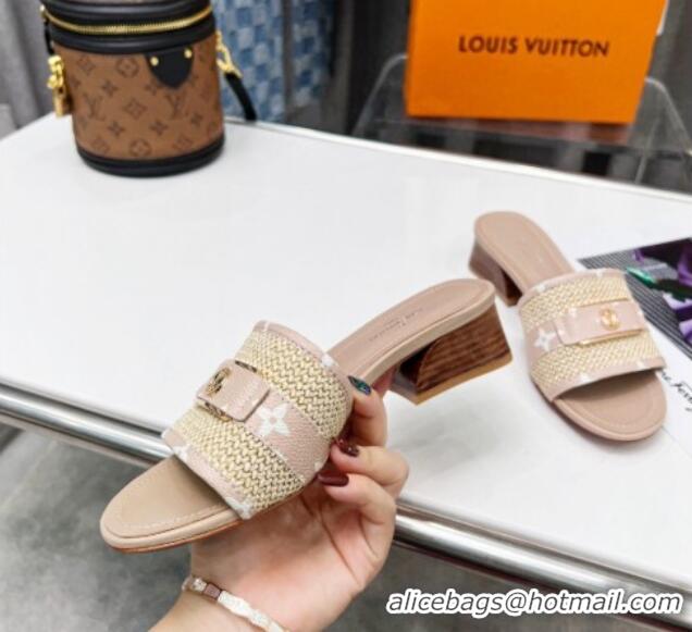 1:1 aaaaa Louis Vuitton Sienna Heel Slide Sandals 4cm in Raffia and Canvas Light Pink 022450