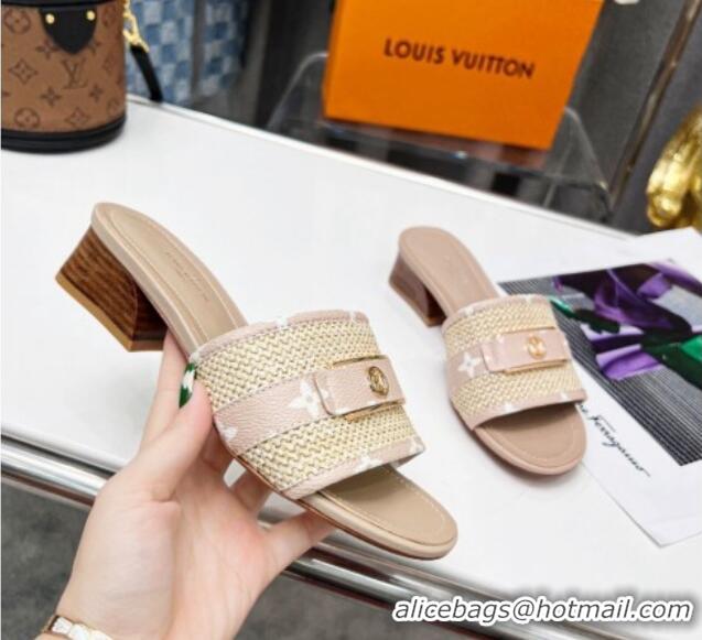 1:1 aaaaa Louis Vuitton Sienna Heel Slide Sandals 4cm in Raffia and Canvas Light Pink 022450