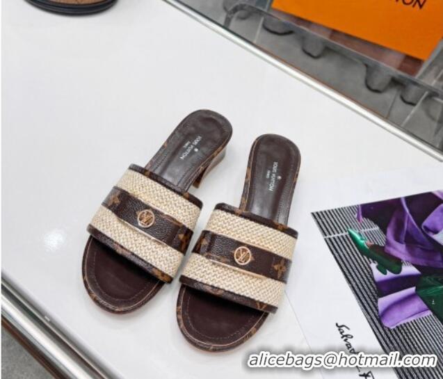 Popular Style Louis Vuitton Sienna Heel Slide Sandals 4cm in Raffia and Monogram Canvas 022451