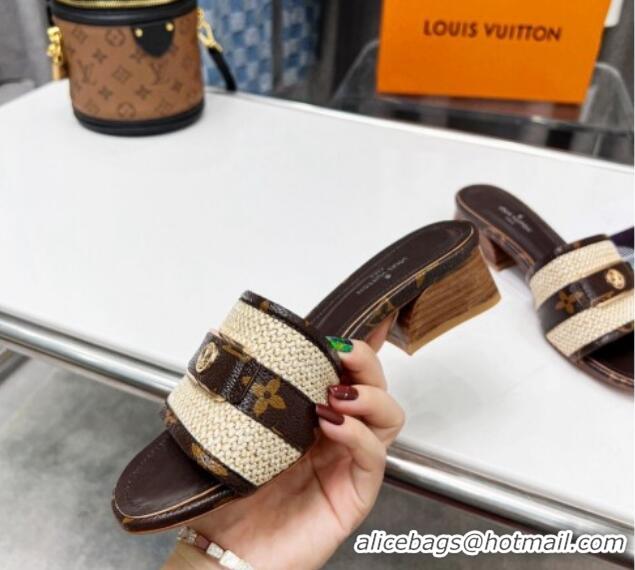 Popular Style Louis Vuitton Sienna Heel Slide Sandals 4cm in Raffia and Monogram Canvas 022451