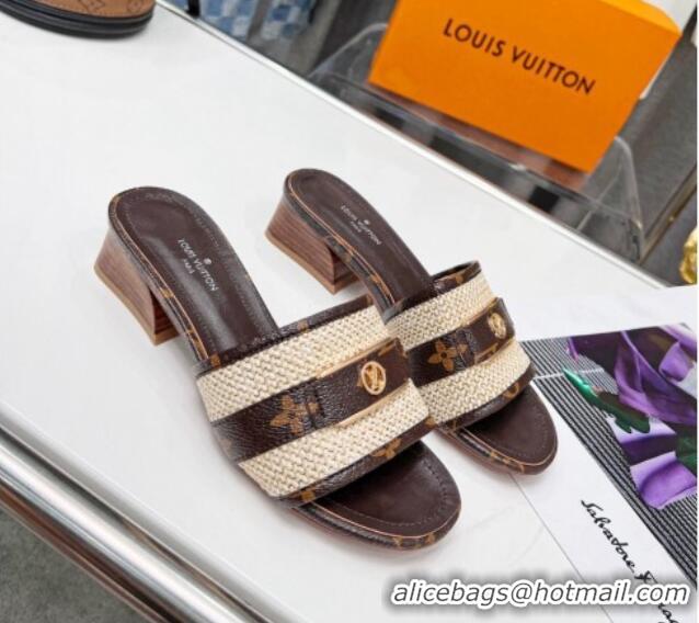 Popular Style Louis Vuitton Sienna Heel Slide Sandals 4cm in Raffia and Monogram Canvas 022451