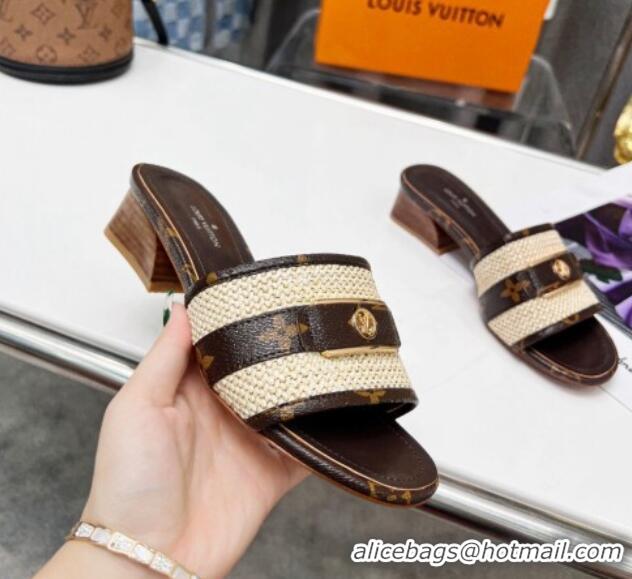 Popular Style Louis Vuitton Sienna Heel Slide Sandals 4cm in Raffia and Monogram Canvas 022451