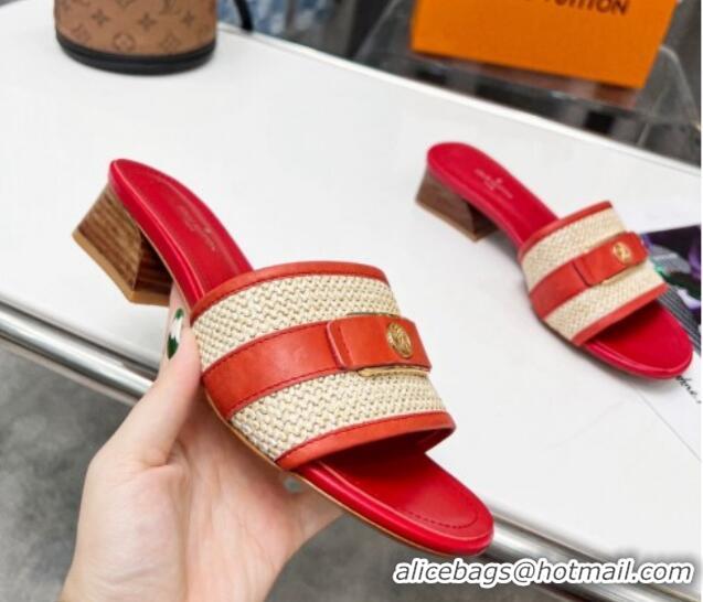 Low Cost Louis Vuitton Sienna Heel Slide Sandals 4cm in Raffia and Leather Red 022452