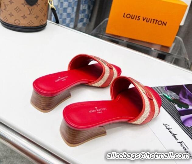 Low Cost Louis Vuitton Sienna Heel Slide Sandals 4cm in Raffia and Leather Red 022452