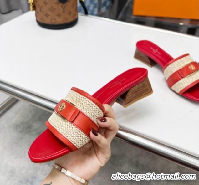 Low Cost Louis Vuitton Sienna Heel Slide Sandals 4cm in Raffia and Leather Red 022452