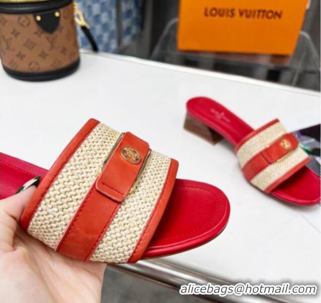 Low Cost Louis Vuitton Sienna Heel Slide Sandals 4cm in Raffia and Leather Red 022452