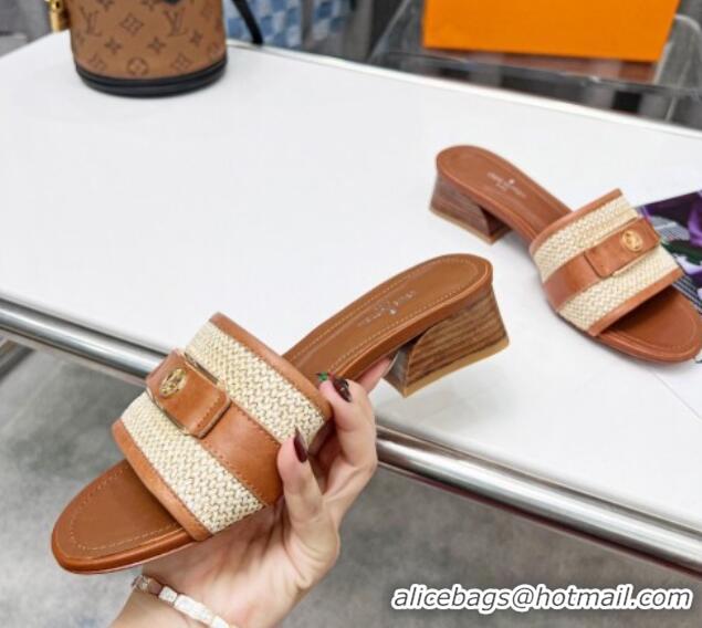 Most Popular Louis Vuitton Sienna Heel Slide Sandals 4cm in Raffia and Leather Brown 022453