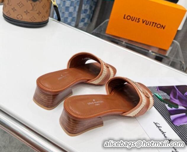 Most Popular Louis Vuitton Sienna Heel Slide Sandals 4cm in Raffia and Leather Brown 022453