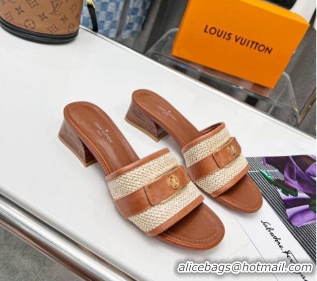 Most Popular Louis Vuitton Sienna Heel Slide Sandals 4cm in Raffia and Leather Brown 022453